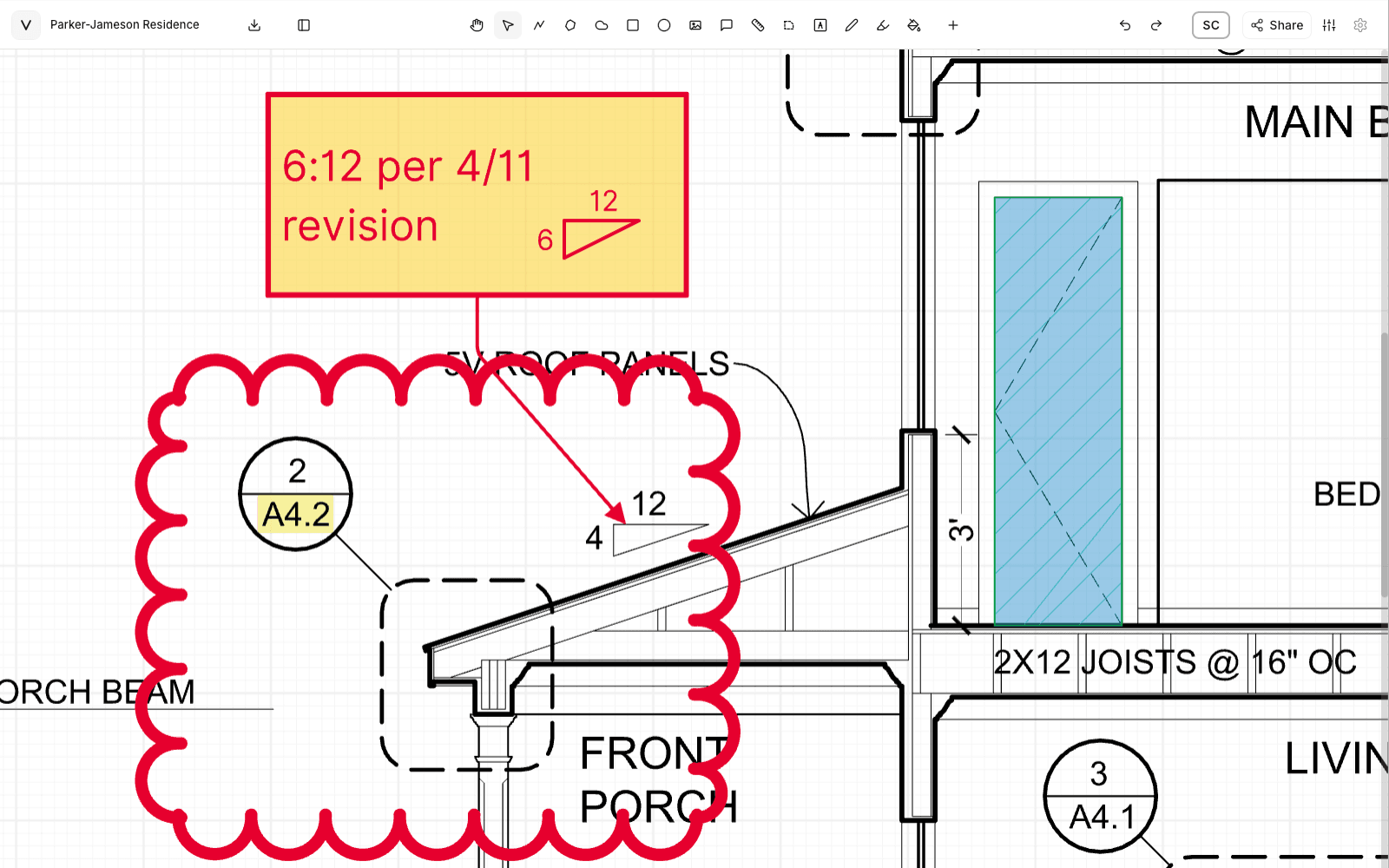 A revision cloud and callout on a building section in the Vellum workspace