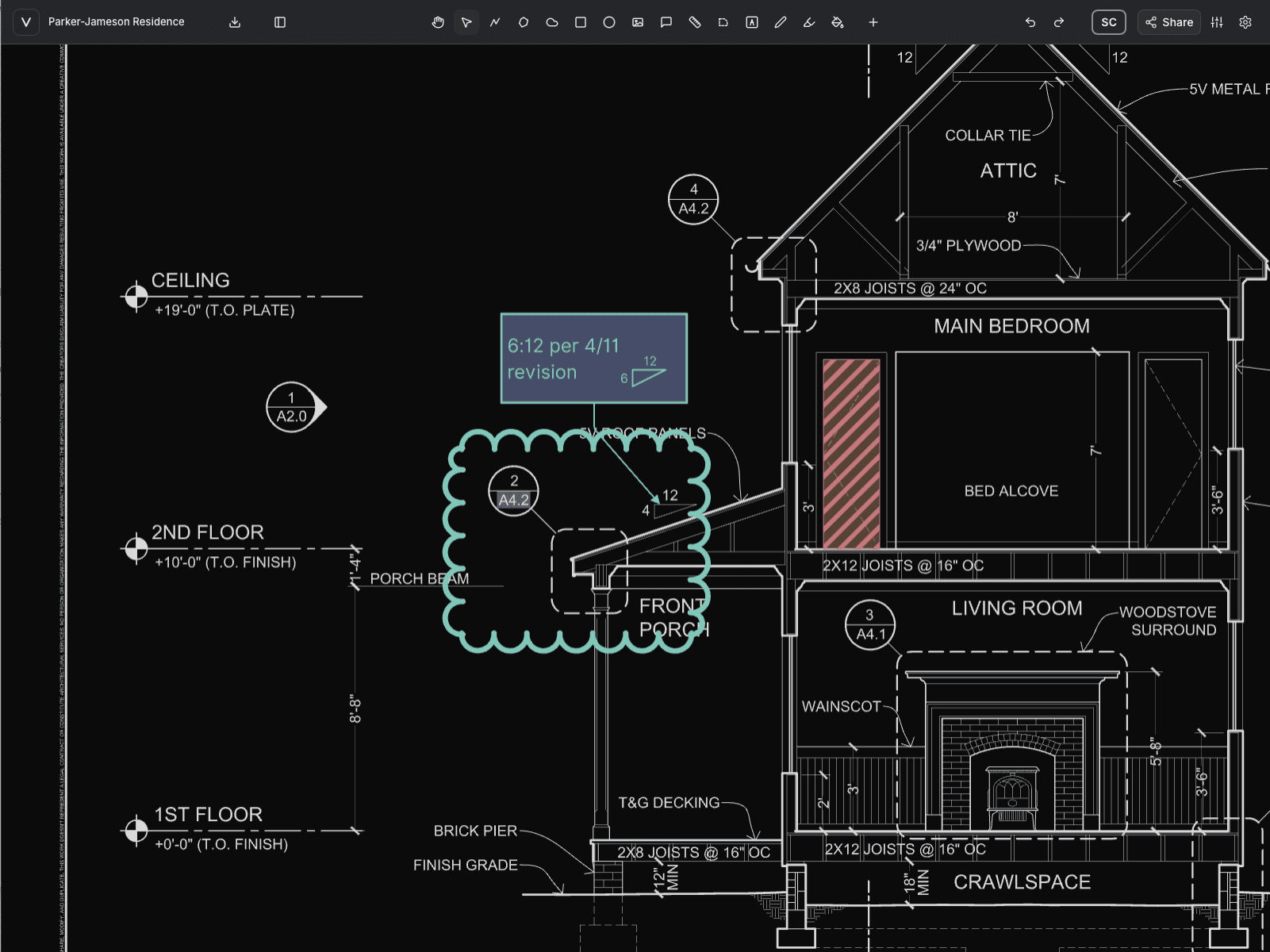 A marked-up building section open in Vellum on a tablet