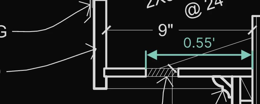 A calibrated dimension reading 0.55 feet on a construction detail in Vellum